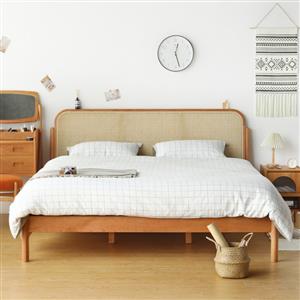 Nordic modern minimalist style small apartment bedroom solid wood rattan double bed walnut color rattan bed